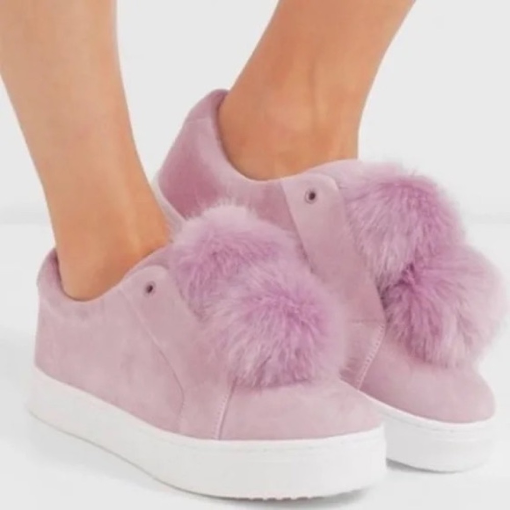 Sam Edelman Leya Pom Pom Leather Suede Pink & White Slip On Sneakers Size 9.5